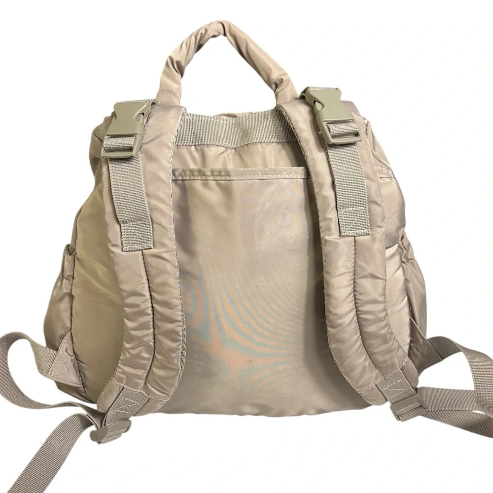 Mommore tan basket weave nylon diaper bag backpack gold hardware